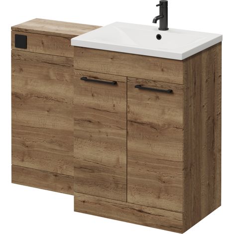 Napoli 460 Tobacco Oak 1100mm 2 Door Vanity Unit Toilet Suite with Glide Basin - 1100mm - Matt Black 160mm HandleWithout Kingston Toilet Pan