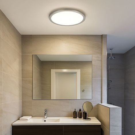 Deckenleuchte dimmbar Backlight Badezimmerleuchte Deckenlampe silber Badezimmer, IP44, Memory, LED 18W 1600Lm warmweiß, DxH 29,4x2,5