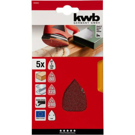 Juego de 5 triángulos abrasivos KWB de forma especial - 136 x 96 mm - 93 mm - grano 80-120-240
