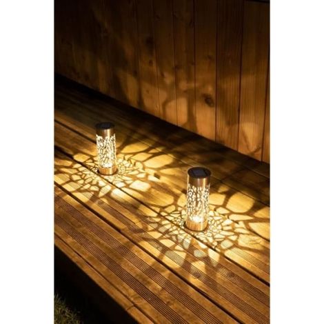 Borne solaire inox ajourée 28 cm, à planter ou poser, lumière chaude et reflets raffinés, Top ventes (1/4)