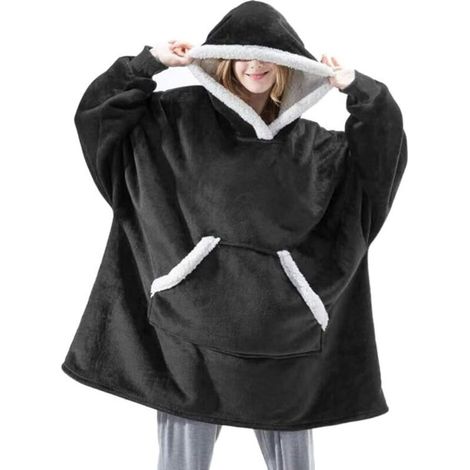 SABIR Deux pièces à capuche couverture pull chapeau Sherpa manches en peluche TV Plaid couverture adulte femme homme unisexe (noir) MNS (1/3)