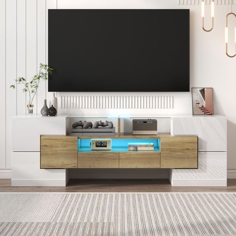 Meuble TV rangement LED 145 cm bois blanc or OKMYHOME (1/5)