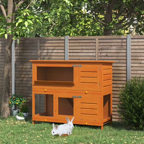 Cage à lapin poulailler clapier en de bois pin de grande taille avec 2 étages râtelier à foin toit ouvrant dim.120L x 48l x100H cm