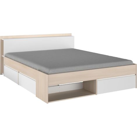 Lit 160x200 avec rangements aspect bois et blanc - FLEST (1/5)