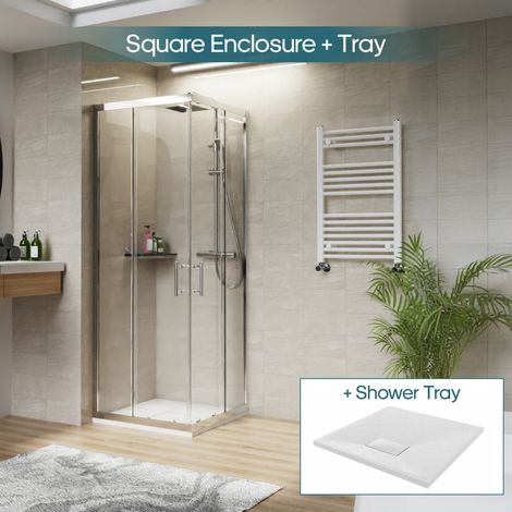 NRG Square Corner Entry Shower Enclosure with Sliding Doors Bathroom Cubicle 700 x 700mm & White Shower Tray (1/5)