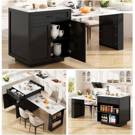 Îlot de cuisine 133-202 x 70 x 93 cm rangement intégré buffet de cuisine 2 tiroirs 2 compartiments table haute extensible 2 à 6 (1/5)