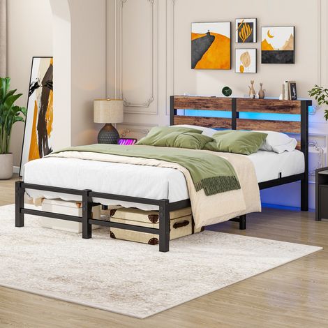 Cama de 120 x 200 cm - estructura de metal, con cabecero con LED y puerto USB - sin colchón - Marrón (1/5)