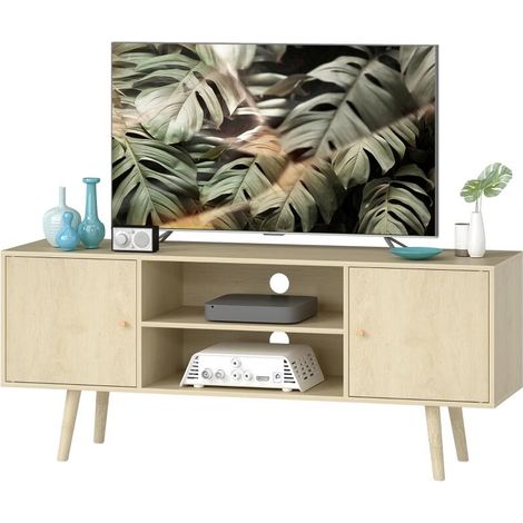 Mobile porta TV per televisori fino a 55 pollici, con 2 ante e 2 ripiani a giorno, 120x34x50 cm, effetto legno naturale.