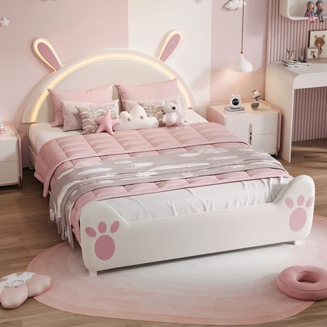 Lit fille 140x200 cm avec LED,Lit princesse ,Tête de lit en forme de lapin,Lit enfant,Lit double,Rose,Velours (1/5)