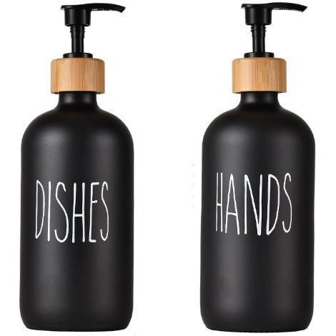 1 lot de 2 - Distributeur de savon - pour savon à main et liquide vaisselle, avec recharge - verre - noir - 500 ml - accessoires de cuisine (1/4)