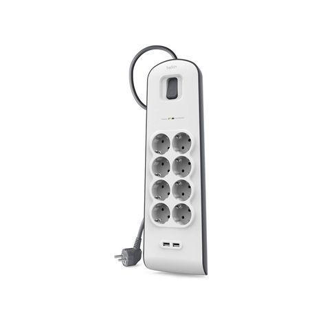 Steckdosenleiste Belkin Bsv804vf2m Überspannungsschutz 8 Ausgänge + 2 Usb-Ports (2,4 A) Weiß/graue Ein/Aus-Taste