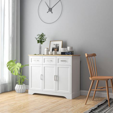Aparador moderno para cocina y salón, fabricado en MDF y aglomerado con estante ajustable, mueble multiusos con 3 cajones y 3 puertas, 101x39x82 cm, blanco.
