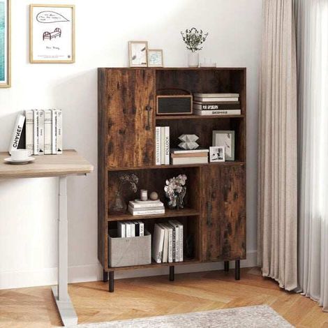 Brown Sideboard Cabinet, 4 Compartments, 2 Doors, Metal Legs (1/5)