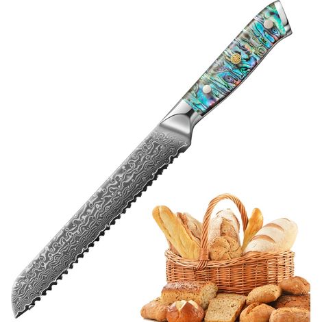 Cuchillo de pan, hoja de acero de Damasco, mango de concha de abulón, DMS-021 (1/2)