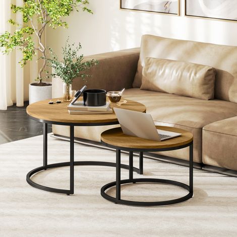 Lot de 2 tables basses gigognes empilable design industriel plateau imitation ciment pieds en métal marron