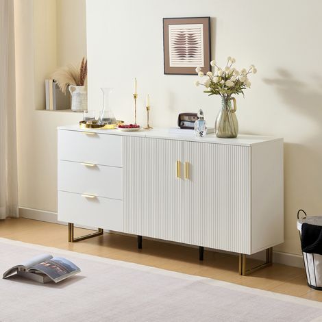 Buffet moderne 2 portes et 3 tiroirs, MDF blanc, poignées dorées, 160 x 40 x 81,5 cm (1/5)