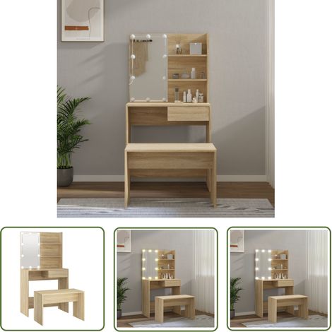 The Living Store Ensemble de coiffeuse avec LED Chêne Sonoma Bois d'ingénierie - Table De Maquillage - Coiffeuse Avec Miroir - Meuble De Salle De Bain - Éclairage Led - Rangement Maquillage (1/5)