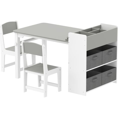 Kindertisch mit 2 Stühlen und Stauraum, Holz und Vliesstoff, Grau und Weiß