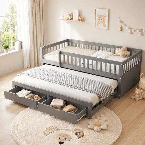 Ausziehbett 90/200 cm Grau aus Holz mit Sicherheitsgitter und 2 Schubladen, platzsparend (1/5)