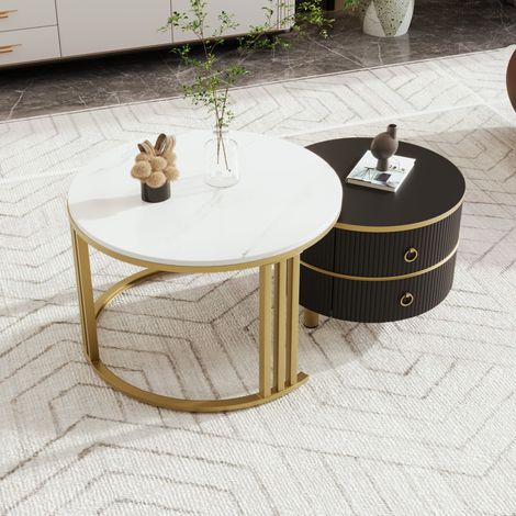 Mesa baja anidada redonda 2 en 1 con cubierta brillante y 1 cubierta de mármol, en MDF, blanco, oro y negro (1/5)