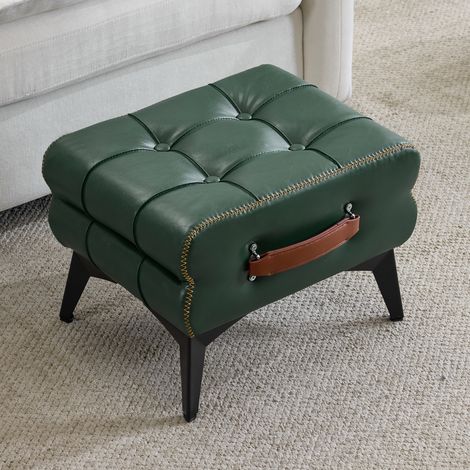 Tabouret de pied portable en cuir vert avec pieds en métal. Pouf multifonctionnel pour changer de chaussures, idéal salon et chambre. Design simple, s’adapte à tous les styles de décoration. (1/5)
