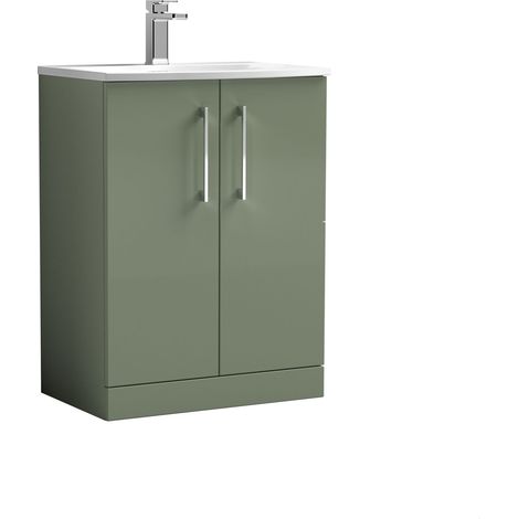Balterley Modern Bathroom 2 Soft Close Door Floor Standing Vanity Unit & Curved Basin, Satin Green, 600mm