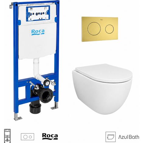 Pack WC Bastidor empotrado ROCA Duplo cisterna empotrada y pulsador PL10 oro cepillado con inodoro suspendido SWISS 53 cm Tornado y Soft-Close de Azul Bath (1/5)
