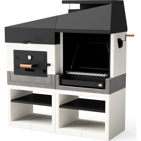 Barbecue en pierre avec four à bois – Gril argentin en acier inoxydable 304 – 168 x 63 x 192 cm – Étagère inférieure en métal noir
