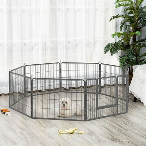 Modulares 16-teiliges Hunde-Laufgitter für kleine Hunde, 80 x 1,5 x 60 cm, faltbar, mit Stahltür und 16 Heringen, Grau
