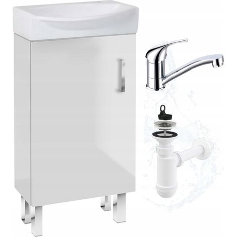 STAMAR  Waschbeckenunterschrank 40 cm - Weiß glänzend - Kompakt und elegant - Mit drehbarem Wasserhahn