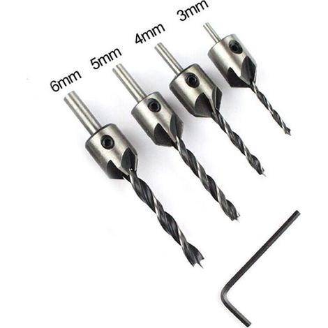 4 forets à chanfrein, diamètres 3 4 5 6 mm, pointe HSS 4241 revêtue titane, pour bois métaux plastique, biseau 5 arêtes, queue levier 1/4 (1/4)