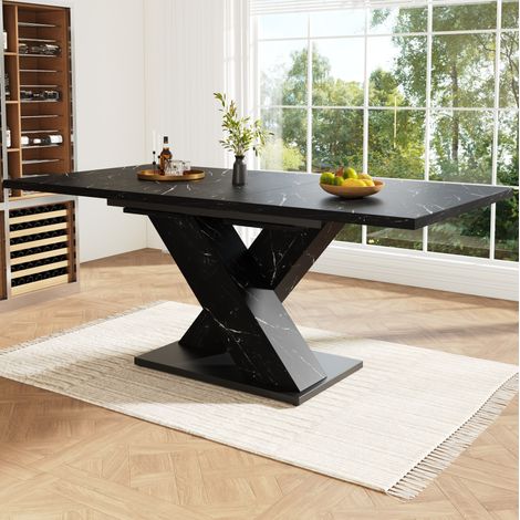 Esstisch 119/158,5 x 80 x 75 cm in Schwarz mit Marmoroptik und X-Beinen, ausziehbar (1/5)
