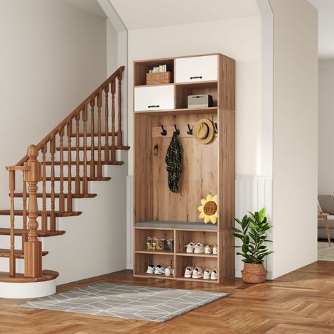 Vestiaire d'entrée moderne 80x30x185cm - Avec 5 crochets et 2 portes - 6 espaces de rangement ouverts - Naturel (1/5)