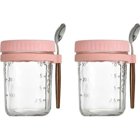 2er-Pack Frühstücksbecher, luftdicht verschlossenes Haferflockenglas mit Deckel und Löffel, rosa