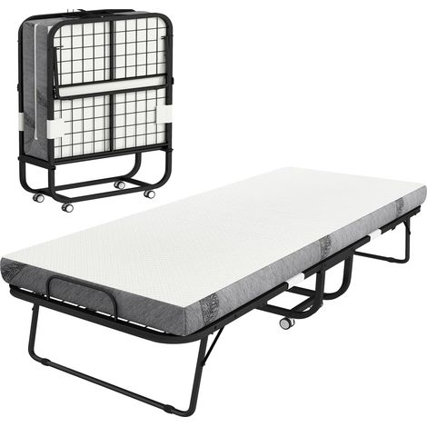 Letto Pieghevole Singolo 90x200 cm con Materasso Spesso 10 cm, Rete in Metallo e Ruote con Freno, Nero