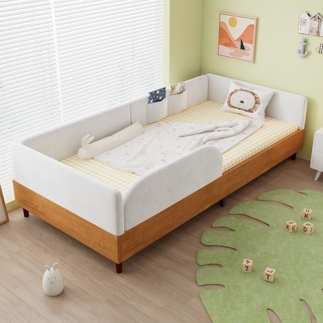 Lit enfant en velours blanc et bois naturel 90x200 cm avec 2 poches de rangement (1/5)