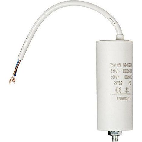 Condensador arranque motor electrico 450 V con cable 25.0 uF Blanco