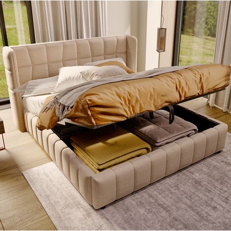 Letto imbottito moderno 180x200 cm con contenitore, testiera ampia, rete a doghe in metallo e tessuto beige (1/5)