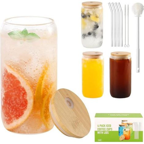 Set of Glasses with Lids and Bamboo Straw - Beer Glasses, Iced Coffee, Tea, Cocktails, Fresh Juice Glasses - Includes Cleaning Brush (1/5)
