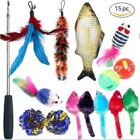 HONORNIC - 21 jouets pour chats : balles en forme de poisson et de souris, bâtonnets à mâcher, peluches amusantes pour chatons (Arc-en-ciel).