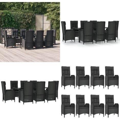 Set da Pranzo da Giardino 9 pz con Cuscini Nero in Polyrattan - Sedie da giardino reclinabili - Tavolo da giardino