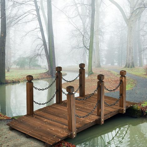 COSTWAY Holzbrücke mit Gelaender, Gartenbrücke Teichbrücke, Zierbrücke belastbar bis 180kg, Dekobrücke für Garten, Teich, Bach, Bauernhof 151x67x55 cm
