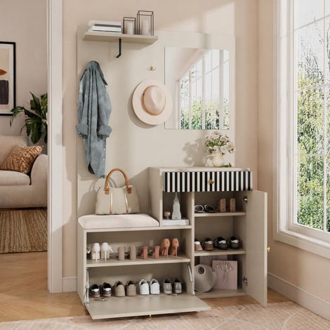 Mobile ingresso con specchio e panca imbottita, 110x37x185,5 cm, beige e grigio, MDF, FloraGrace (1/5)
