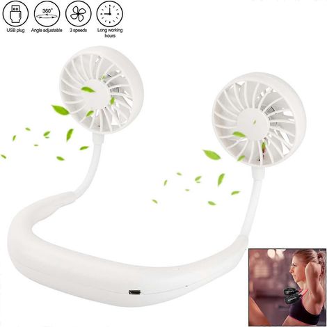 Ventilateur USB, mini ventilateur portable à suspendre autour du cou, 3 vitesses, rechargeable et mains libres