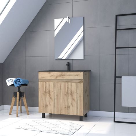 Mueble de baño 80cm con pies 2 Puertas Acabado Roble - Lavabo negro + Espejo Led - TIMBER 80- Pack23