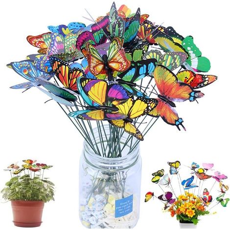 50 pièces Papillons à double aile pour décoration jardin, patio, fêtes, plantes, cour extérieure, deco jardin, avec bâtonnets en PVC multicolore résistant et imperméable (1/5)
