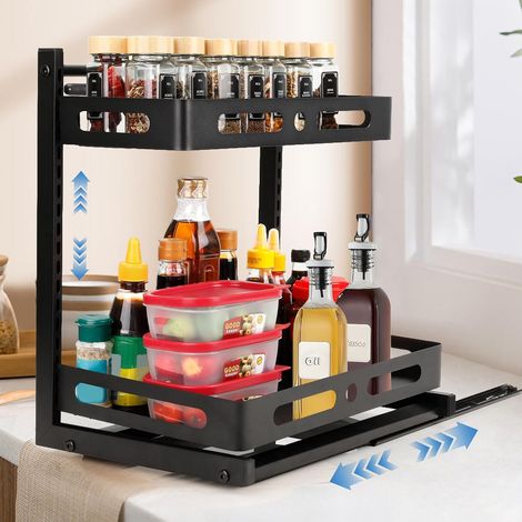 Rangement sous Evier Cuisine, 2 Niveaux étagère Organisateur Coulissant, Hauteur RéGlable Tiroir, Placard Organisation Pour Salle de Bain, Salle, Meuble, Noir (1/5)