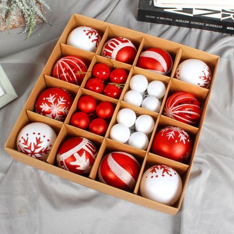 Ensemble de 44 boules de Noël, plastique rouge et blanc, 6 cm et 3 cm, avec boîte cadeau, décoration pour sapin (1/4)