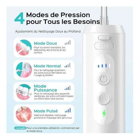 Mini Jet Dentaire Hydropulseur Portable: Design Compact et Sans Fil, Modes, pour Appareil, Orthodontie Dents Sensitives, Usage Nomade, Gris Blanc, T40 (1/3)
