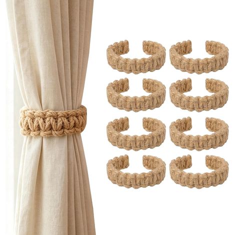 8 Pièces Embrasses pour Rideaux Style Bohème, Attache Rideau Tressée en Lin Naturel, sans Perçage, Embrasse Rideaux pour Salon, Chambre, Bureau, Extérieur, Flexibles et Malléables (1/5)